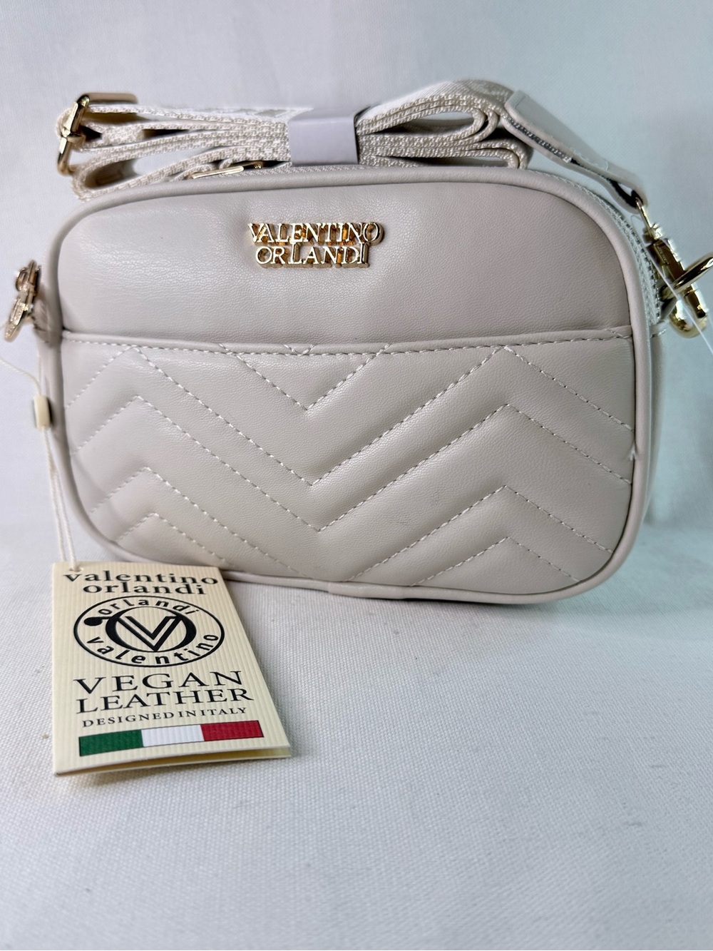 Valentino Orlandi Light Cream Quilted Crossbody Bag with Gold Hardware